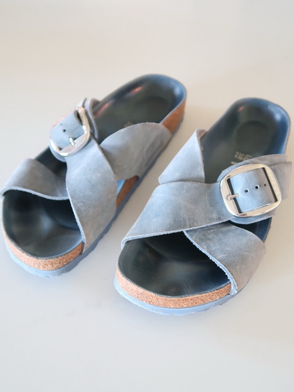 Birkenstock Arizona Big Buckle Sandals in Dusty Blue Suede Slides